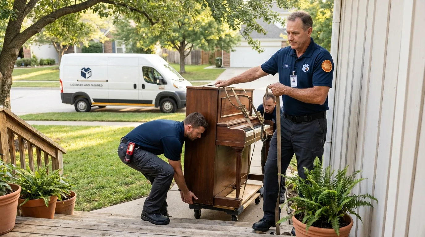 Licensed piano movers securing grand piano in Neodesha, KS